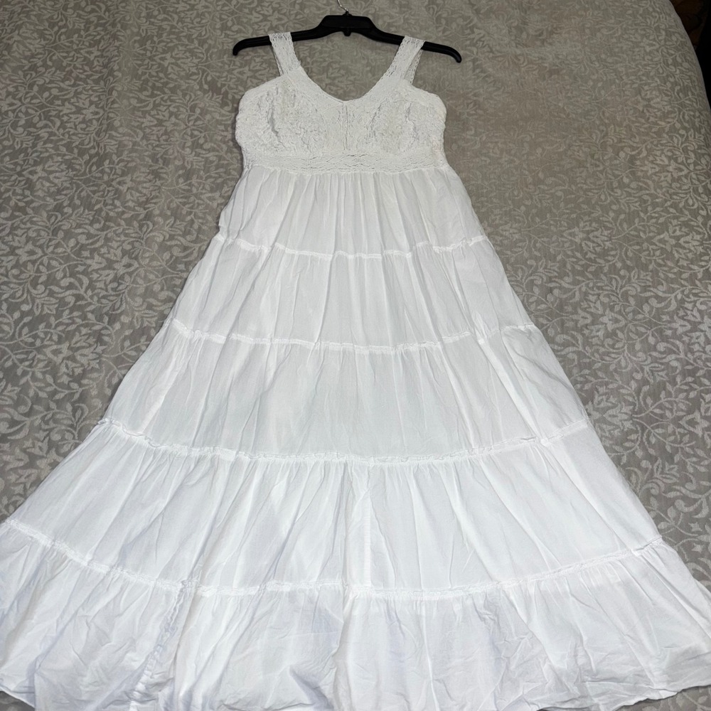 Metro 22 White Cotton Lace Tiered Maxi Dress Womens Large Boho Smocked Back D31